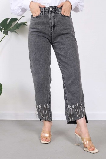 Antrasit Yüksek Bel Paça Detaylı Jeans Pantolon