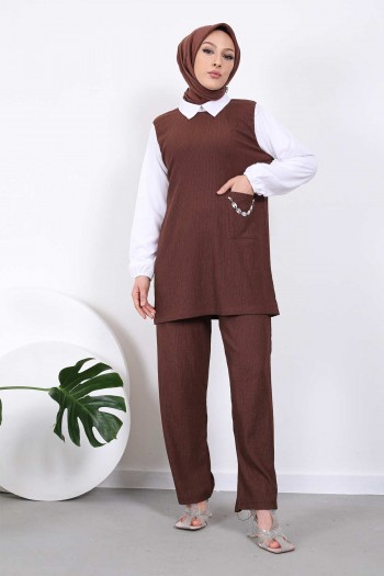Kahverengi Cep Zincirli Bürümcük Tunik Pantolon Takım