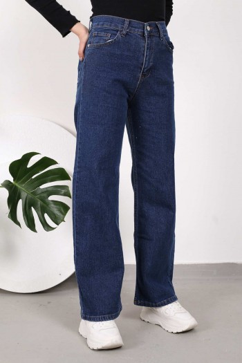 Lacivert Yüksek Bel Bol Paça Jeans Pantolon