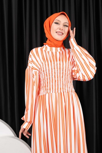Orange Gipeli Çizgili Elbise
