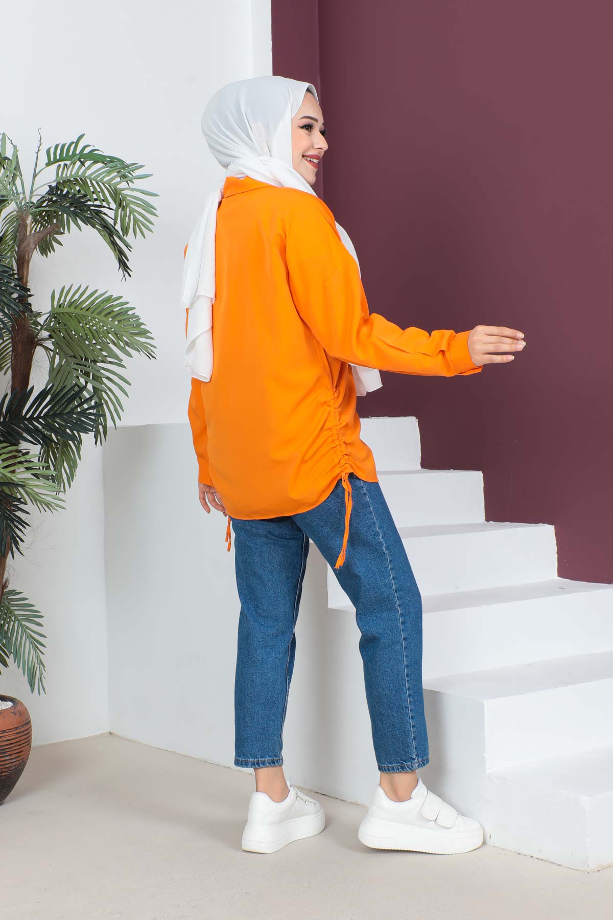 Orange Yan Bağlamalı Trikoton Gömlek