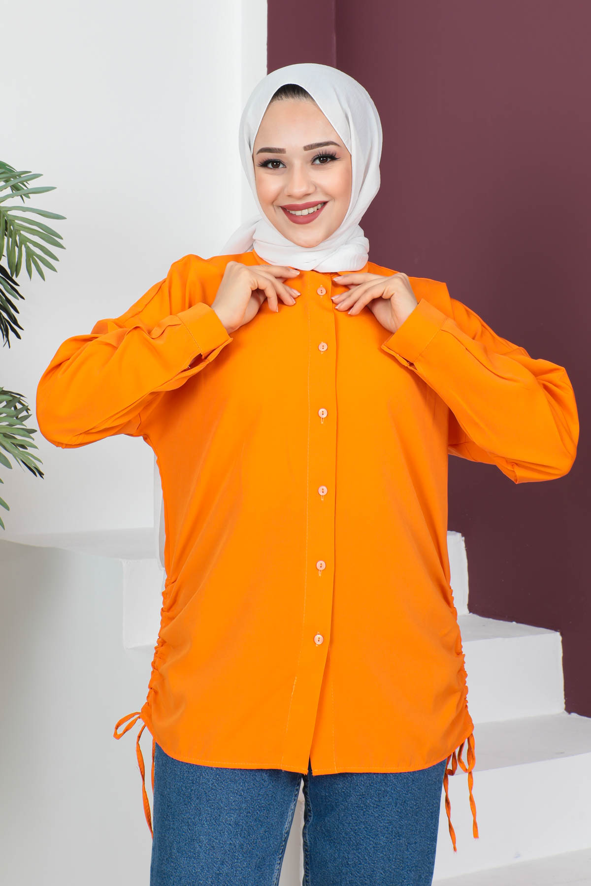Orange Yan Bağlamalı Trikoton Gömlek