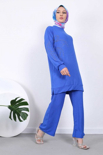 Saks Mavi Boncuk Taş İşlemeli Tunik Pantolon Takım