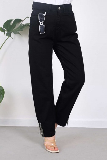 Siyah Yüksek Bel Yırtmaçlı Taşlı Jeans Pantolon