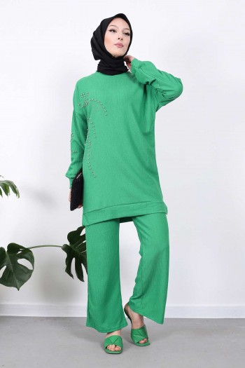 Yeşil Boncuk Taş İşlemeli Tunik Pantolon Takım