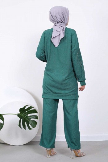 Zümrüt Yeşili Boncuk Taş İşlemeli Tunik Pantolon Takım