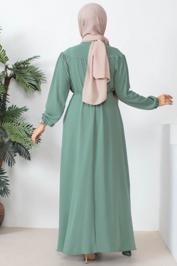 Mint İncili Bel Büzgülü Ayrobin Elbise