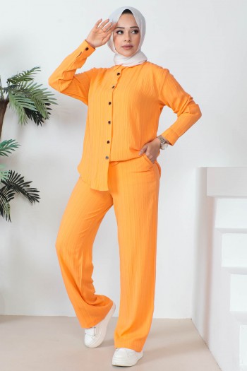 Orange Detaylı Keten Gömlek Pantolon Takım