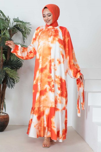 Orange Dijital Baskılı Astarlı Elbise
