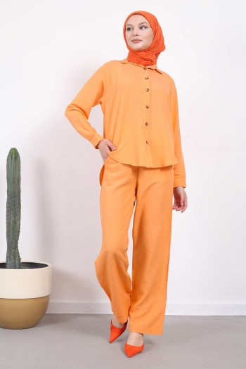 Orange Sırt Detaylı Keten Gömlek Pantolon Takım
