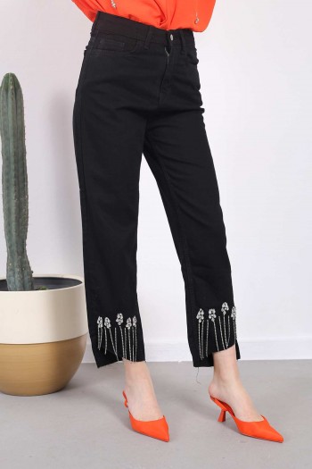 Siyah Yüksek Bel Paça Detaylı Jeans Pantolon