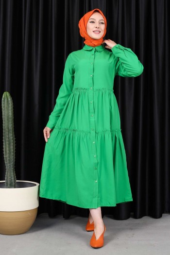 Yeşil Eteği Katlı Düğmeli Elbise