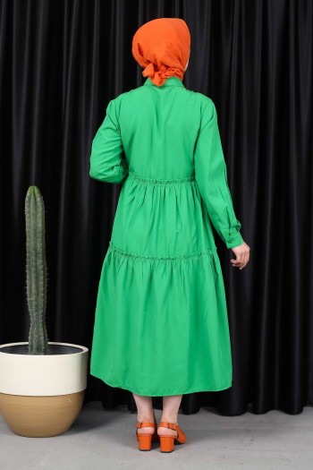 Yeşil Eteği Katlı Düğmeli Elbise