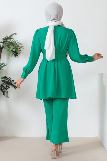 Yeşil Omuz Taş Detaylı Tunik Pantolon Takım