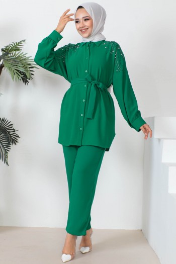 Yeşil Taşlı Tunik Pantolon Krep Takım