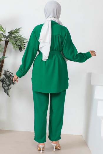 Yeşil Taşlı Tunik Pantolon Krep Takım
