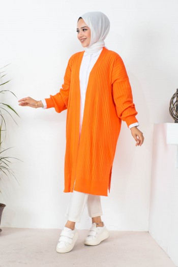 Orange Kadın Modest Fitilli Yırtmaçlı Uzun Tesettür Triko Hırka