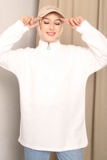 Beyaz Yaka Fermuarlı İki İplik Sweatshirt