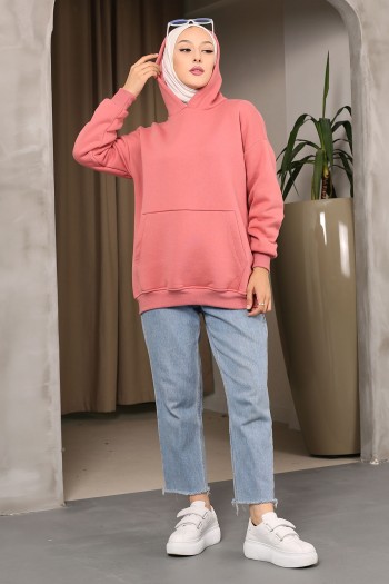 Gül Kurusu Kapüşonlu Oversize Üç İplik Şardonlu Sweatshirt