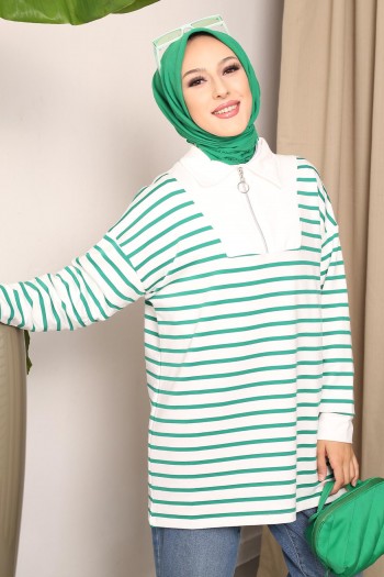 Yeşil Yaka Fermuarlı Çizgili İki İplik Sweatshirt