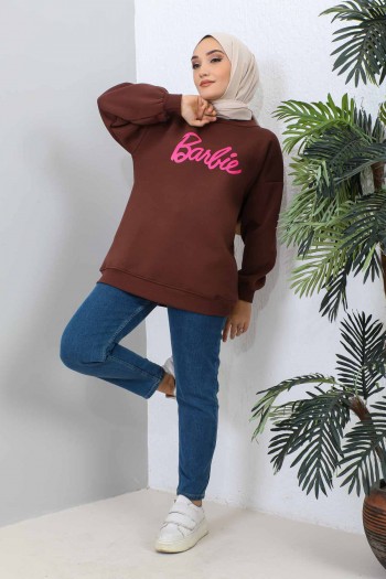 Kahverengi Barbie Baskılı Üç İplik Sweatshirt