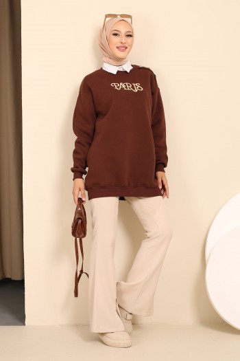 Kahverengi Üç İplik Şardonlu Paris Baskılı Sweatshirt