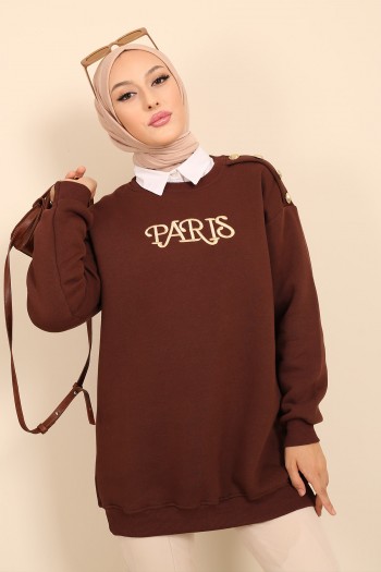 Kahverengi Üç İplik Şardonlu Paris Baskılı Sweatshirt