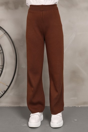Kahverengi Yüksek Bel Bol Paça Triko Pantolon