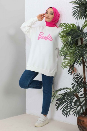 Krem Barbie Baskılı Üç İplik Sweatshirt