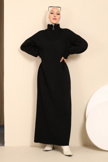 Siyah Yaka Fermuarlı Balon Kol Triko Elbise