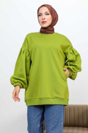 Yağ Yeşili Üç İplik Şardonlu Sweatshirt