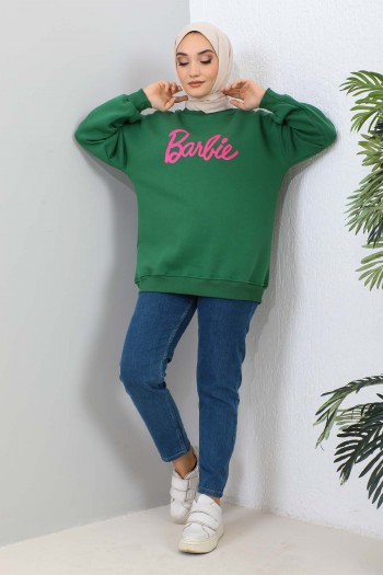 Yeşil Barbie Baskılı Üç İplik Sweatshirt