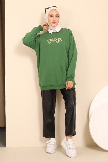 Yeşil Üç İplik Şardonlu Paris Baskılı Sweatshirt