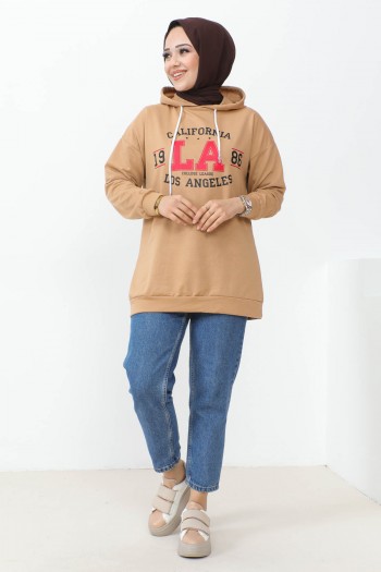 Bisküvi Kapüşonlu LA Baskılı İki İplik Sweatshirt