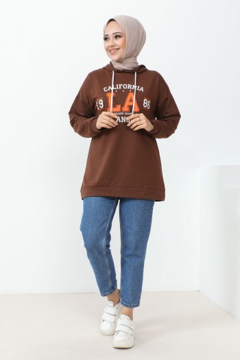 Kahverengi Kapüşonlu LA Baskılı İki İplik Sweatshirt