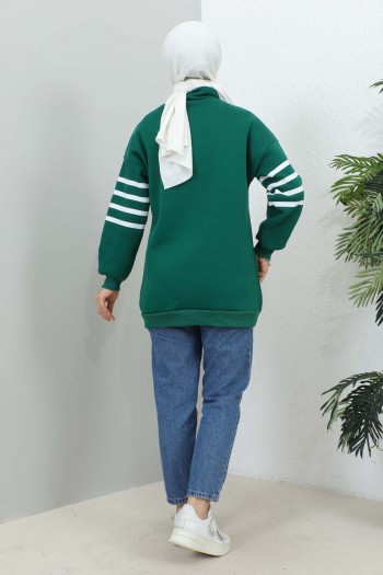 Zümrüt Yeşili Yaka Fermuarlı Çizgili Üç İplik Şardonlu Sweatshirt