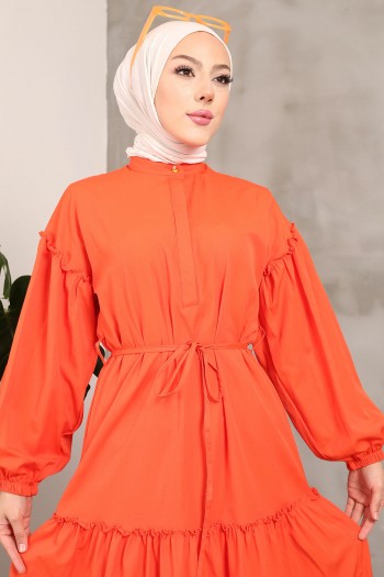 Orange Kol Lastikli Eteği Katlı Terikoton Elbise