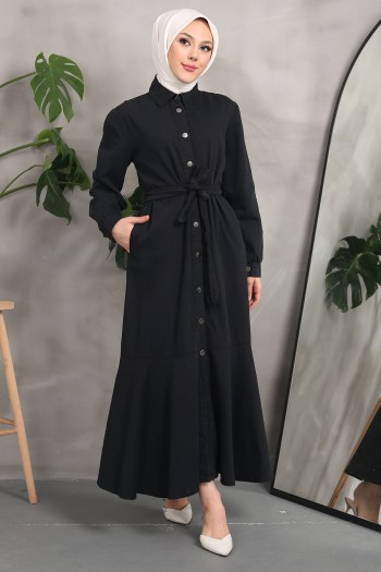 Siyah Gömlek Yaka Kuşaklı Eteği Katlı Kuşaklı Kot Elbise