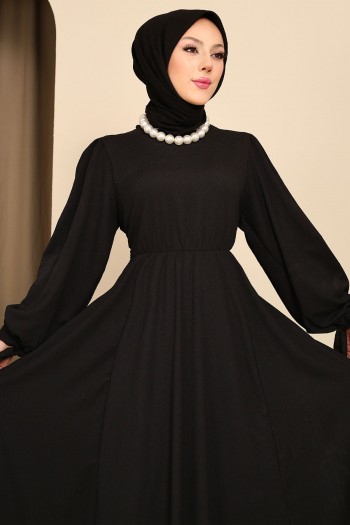 Siyah Kol Bağlamalı Bürümcük Elbise
