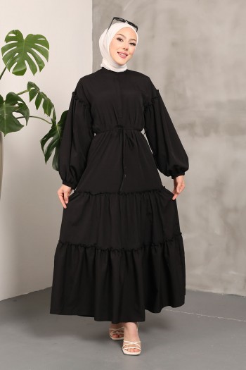 Siyah Kol Lastikli Eteği Katlı Terikoton Elbise