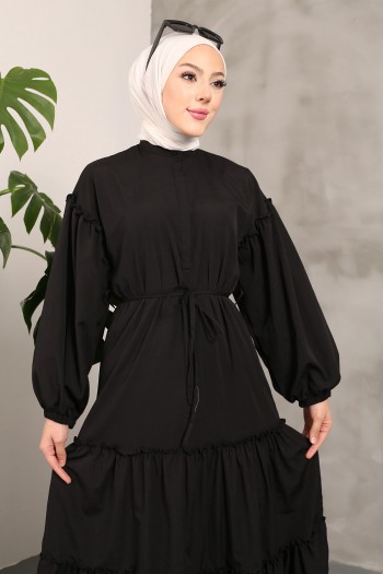 Siyah Kol Lastikli Eteği Katlı Terikoton Elbise