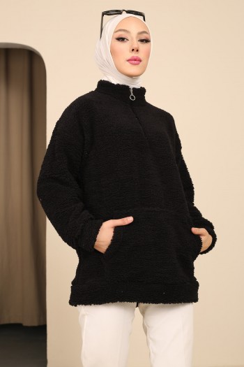 Siyah Yarım Fernuarlı Cepli Peluş Sweatshirt