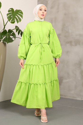 Yağ Yeşili Kol Lastikli Eteği Katlı Terikoton Elbise