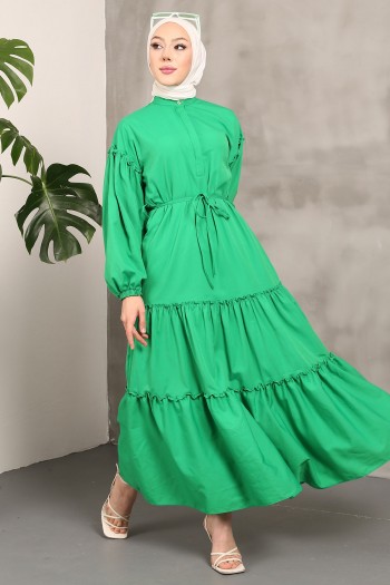 Yeşil Kol Lastikli Eteği Katlı Terikoton Elbise