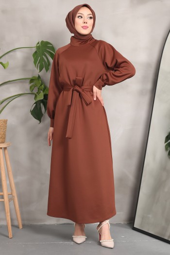 Kahverengi Bel Kuşaklı Scuba Elbise