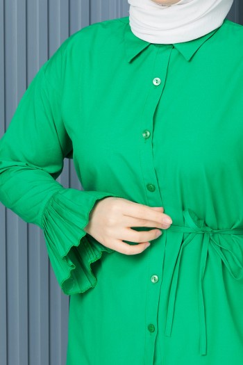 Yeşil Kol Piliseli Kuşaklı Salaş Terikoton Gömlek