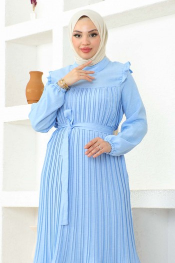 Bebe Mavi Piliseli Kuşaklı Elbise