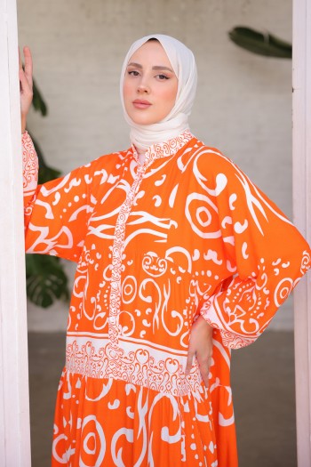 Orange Hakim Yaka Kol Lastikli Desenli Elbise