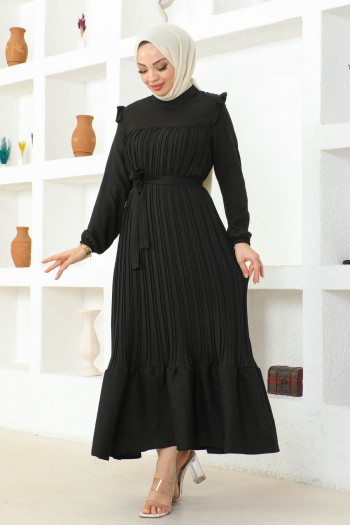 Siyah Piliseli Kuşaklı Elbise