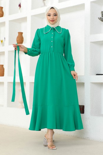 Yeşil Gömlek Yaka Kuşaklı Elbise